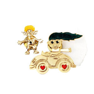 Retro Fun Troll Pins Lot Set of Two Gold-Tone Multi-Color Vintage Stamped Hearts
